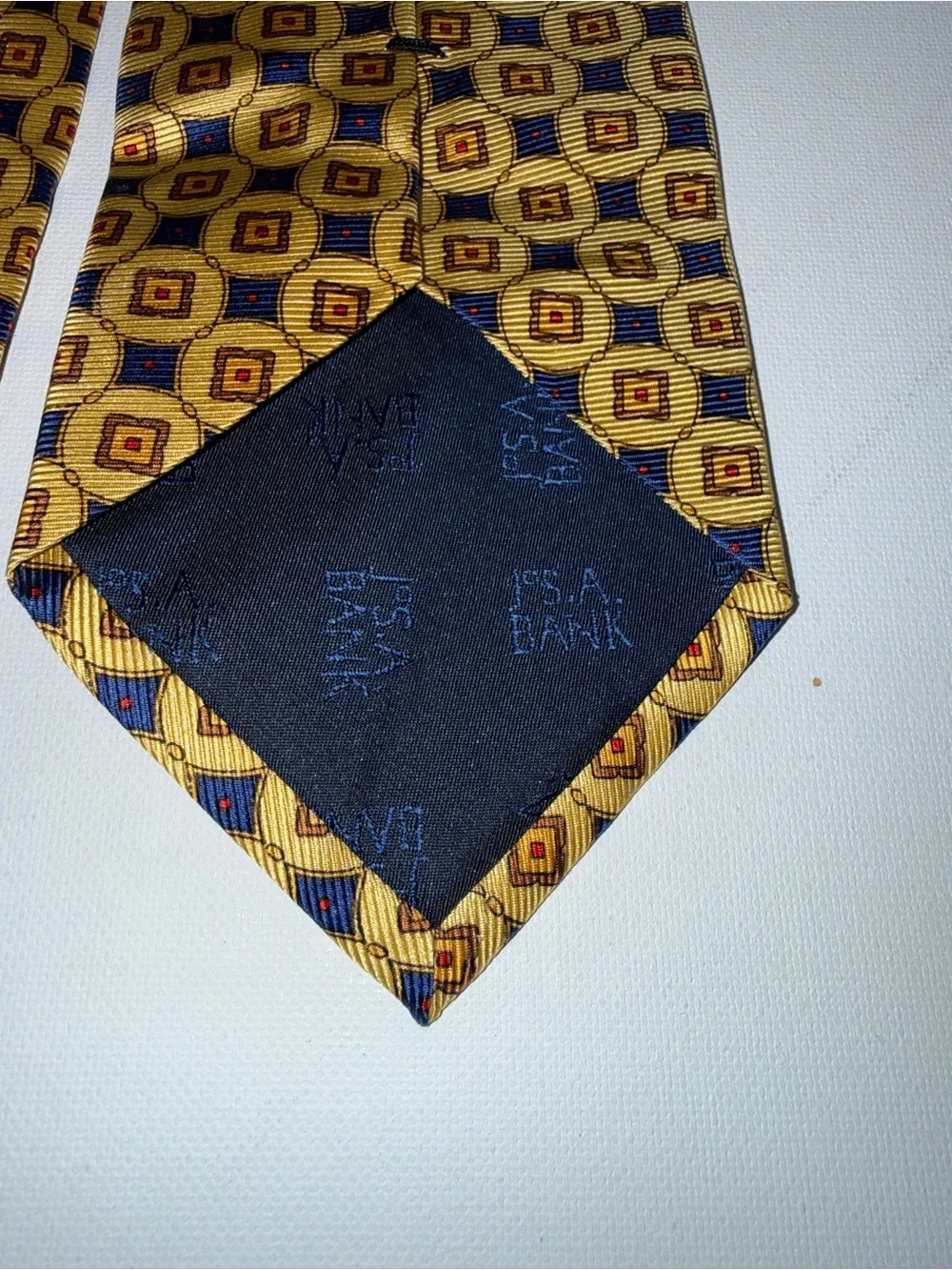 Jos. A. Bank Yellow Geometric Silk Tie with Blue and Brown Accents